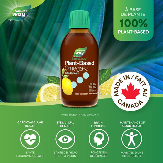 Nature's Way NutraVege Plant-based Omega 3 Supplement, Extra Strength Formula, Vegetarian, EPA + DHA from Algal Oil, Vegan, Lemon Flavour, 200 mL Liquid