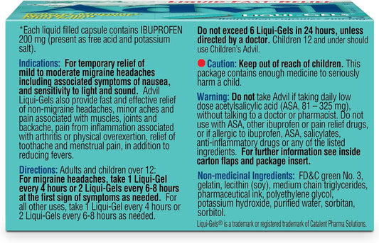 Advil 常规强度布洛芬止痛液体凝胶,快速缓解偏头痛、背部、颈部、关节和肌肉疼痛,200 毫克(32 粒)