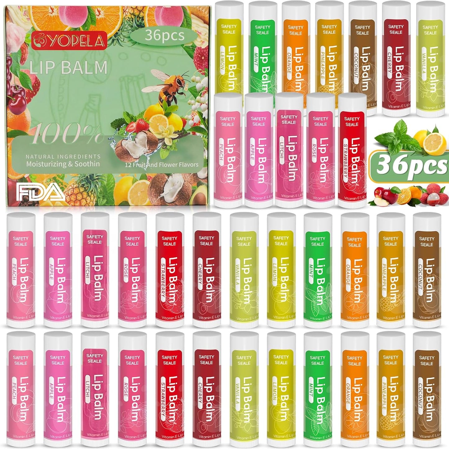 Yopela 36 Pack Lip Balm Bulk with Vitamin E and Coconut Oil, Lip Care Product, Moisturizing Soothing Chapped Lips