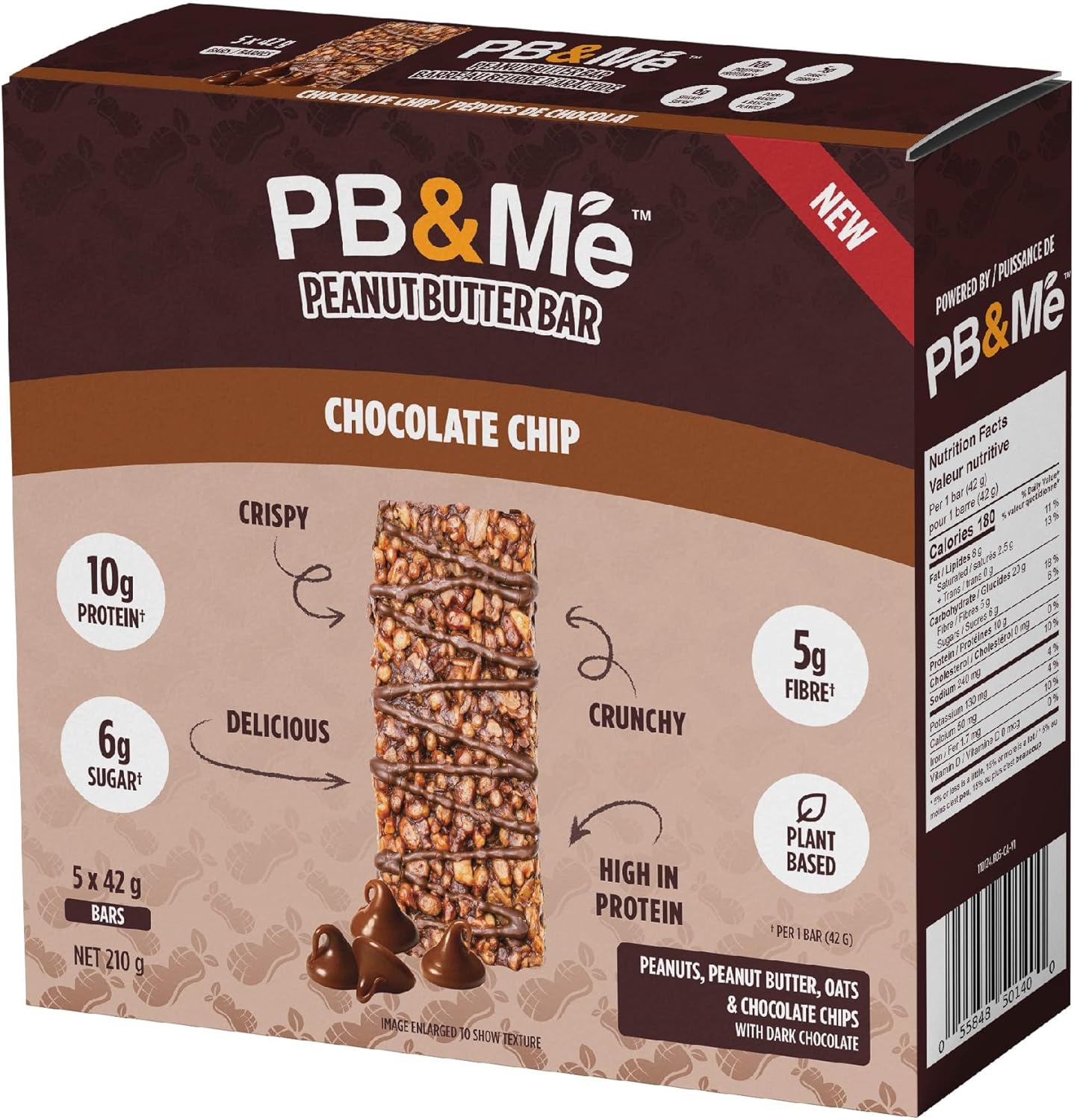 PB&Me Peanut Butter Protein Bars –Chocolate Chip, 10g Protein, Low Sugar, High Fiber, No Artificial Sweeteners or Preservatives, Meal Replacement, 5-Pack, Snack Bars for Work, Gym & Travel