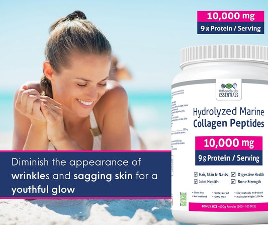 Orthomolecular Essentials 水解海洋膠原蛋白勝肽 - 純加拿大製造 10,000 毫克粉末,用於亮澤肌膚、強健骨骼和支持關節,600 克