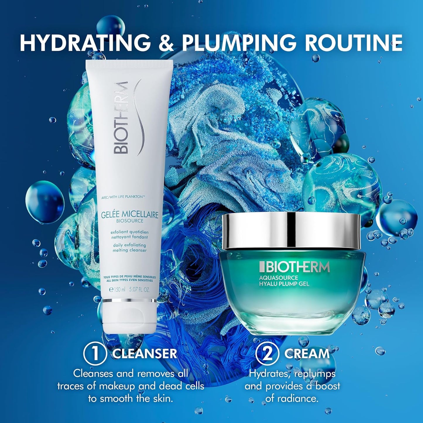 碧欧泉透明质酸双效套装,包括 Gelée Micellaire 每日去角质融化洁面乳和 Aquasource Hyalu 丰盈凝胶,适合所有肤质保湿