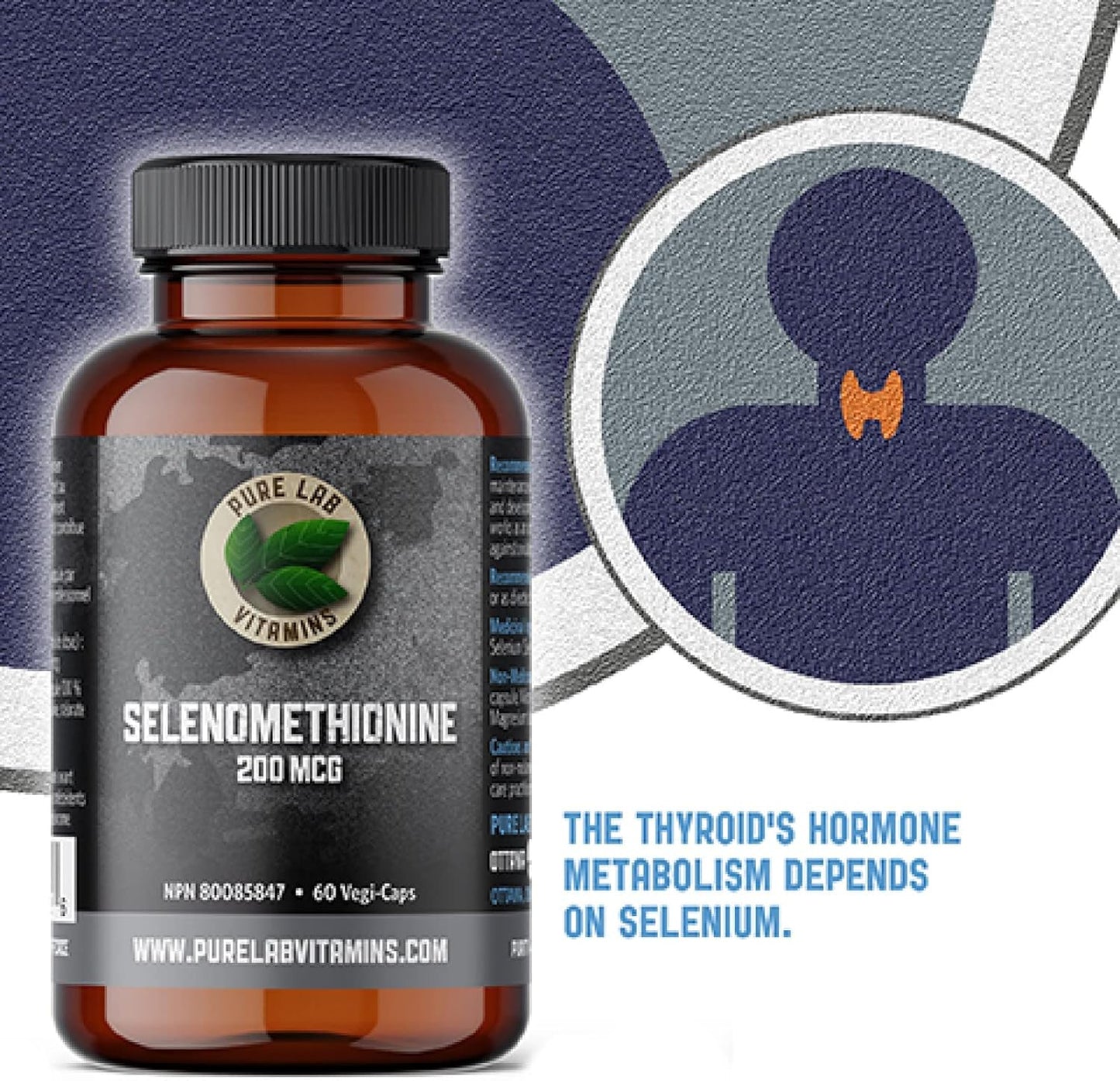 Pure Lab 維生素 | 硒 200 微克補充劑 | 60 粒膠囊 | 甲狀腺健康硒蛋氨酸 200 微克 | 成人免疫系統增強劑和男性和女性甲狀腺支持劑 | 抗氧化補充劑