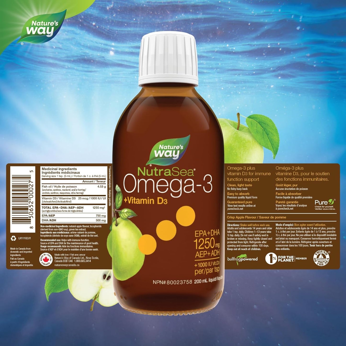 Nature's Way NutraSea+D,Omega 3 + 维生素 D 补充剂,苹果脆,200 毫升液体