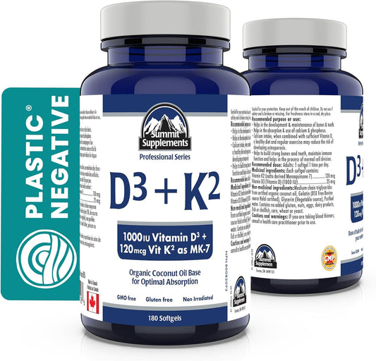 加拿大製造,無塑膠污染 - 維生素 D3 K2,180 粒軟膠囊,180 天用量 - D3(1000IU-25mcg)+K2(120mcg) - 免疫功能、骨骼和牙齒健康 - 經第三方測試 - 加拿大配製和製造