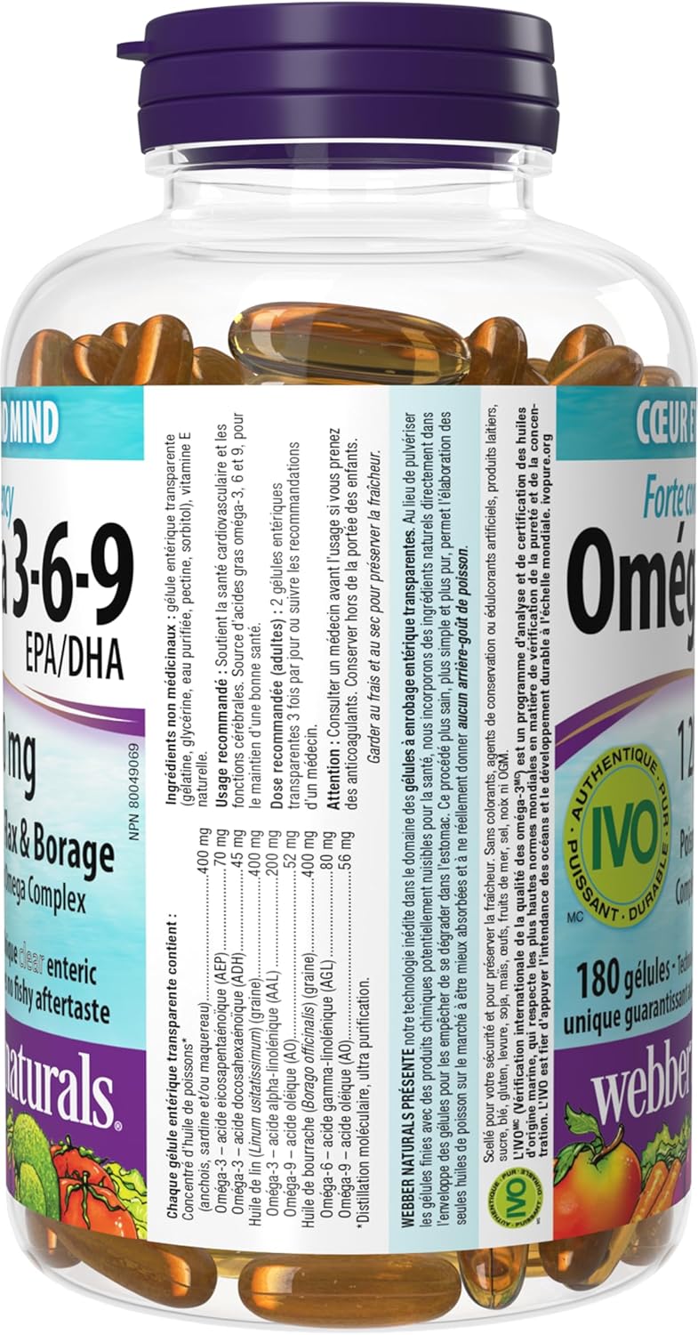 Webber Naturals Omega 3-6-9 1,200 毫克魚油,180 粒透明腸溶無魚腥味軟膠囊,支持心血管健康和大腦功能
