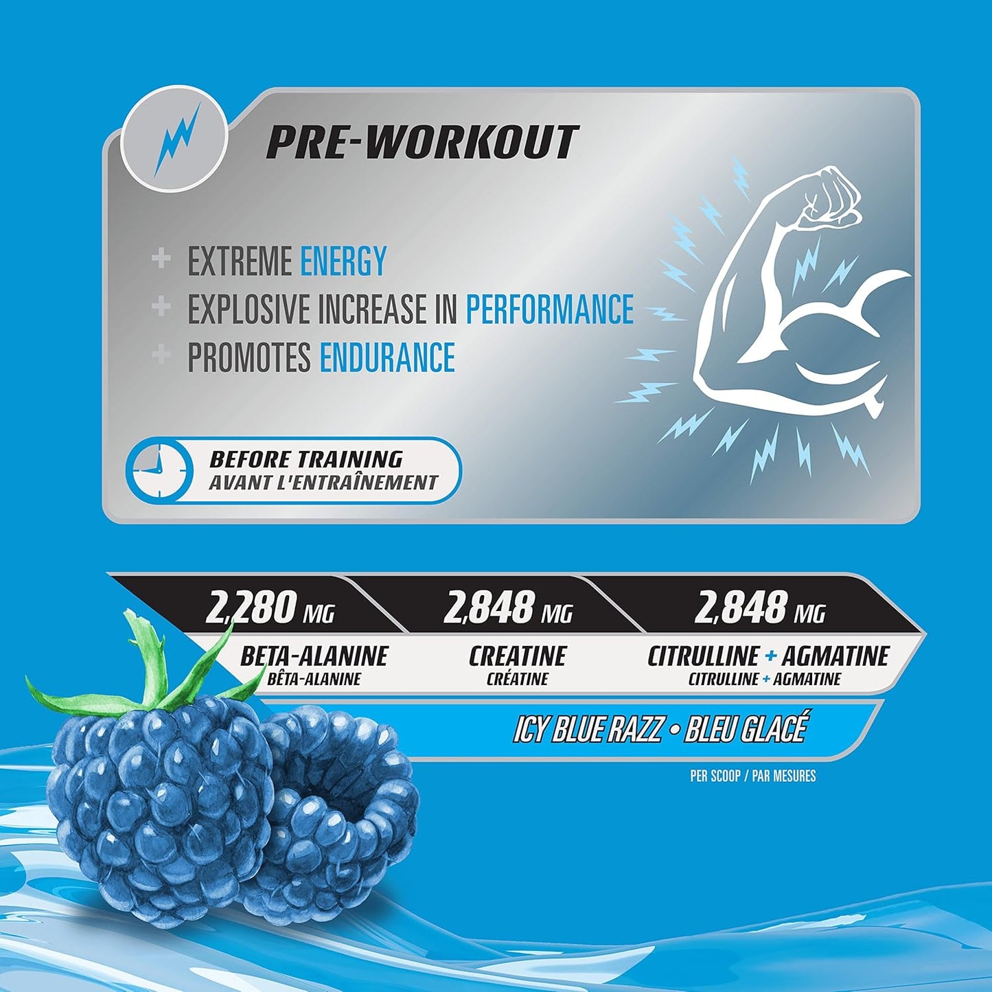 含肌酸鹽酸鹽、β-丙氨酸、L-瓜氨酸、爆發力能量和性能的鍛煉前粉,冰藍色拉茲口味,100% 純淨:不添加糖、人工色素或香精 - 170 克