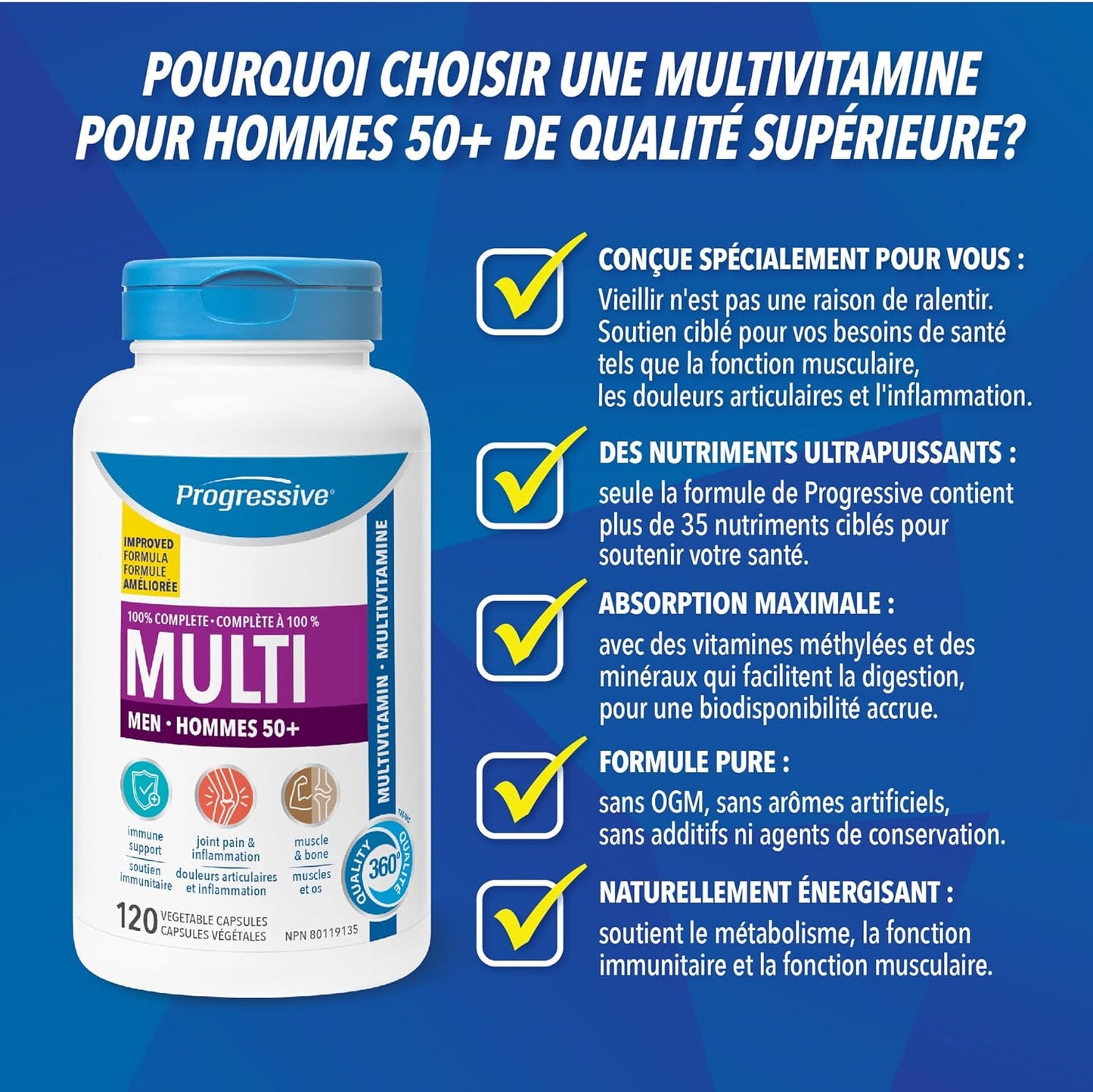 Progressive Advanced 複合維生素,適合 50 歲以上男性,含瑪卡、薑黃、假馬齒莧萃取物和輔酶 Q10。有助於增強免疫力、改善關節健康、促進心臟健康並緩解炎症,100% 完整配方,加拿大製造,120 粒裝