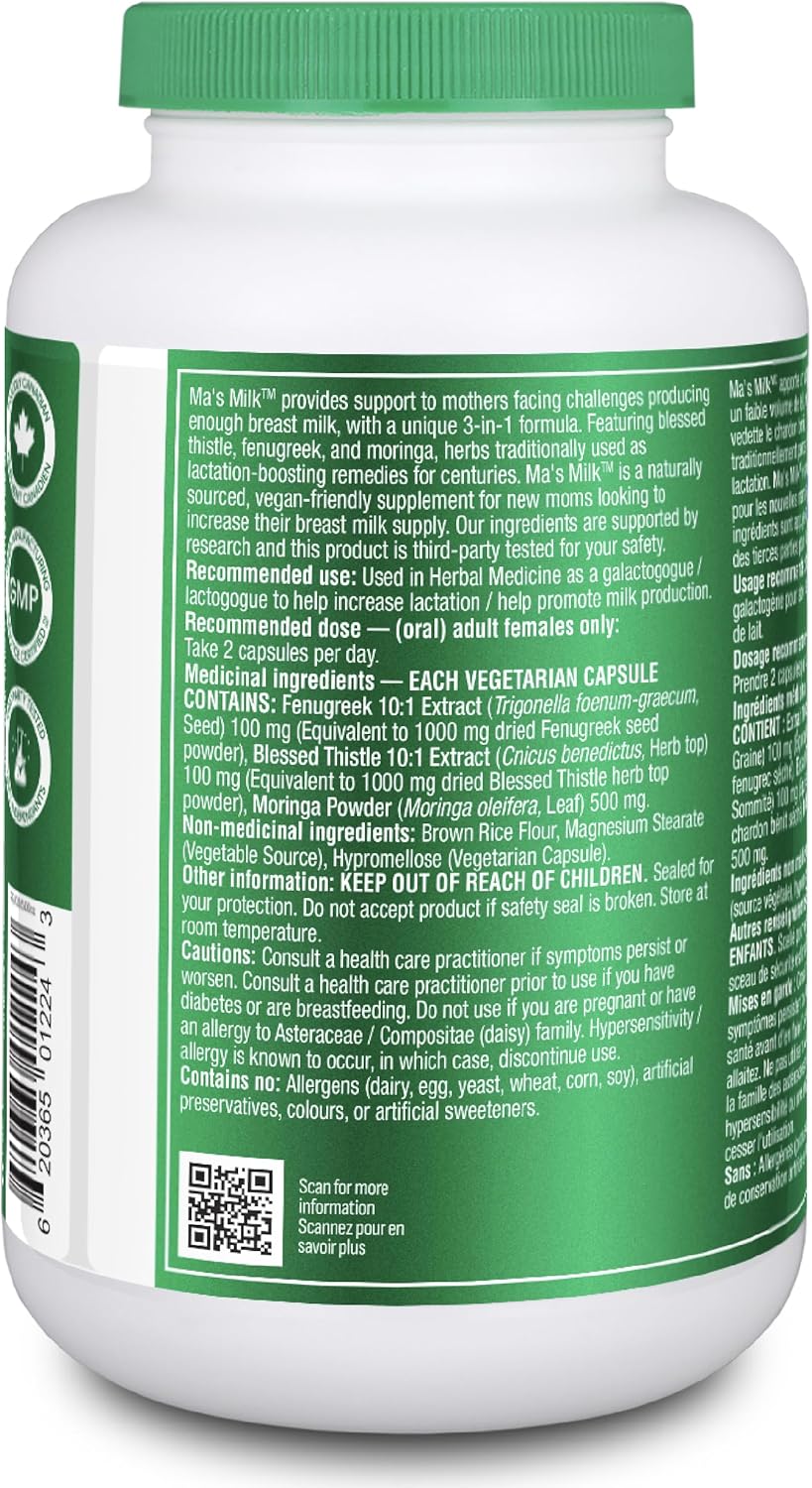 Organika Canadian-Made Ma's Milk- Supports Breast Milk Production- Contains Blessed Thistle, Fenugreek, and Moringa- 120 vcaps