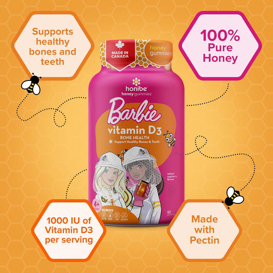 Honibe 维生素 D 软糖,适合儿童和成人,芭比,加拿大制造的蜂蜜维生素,维生素 D3 有助于支持骨骼健康、情绪和免疫系统功能,60 粒软糖