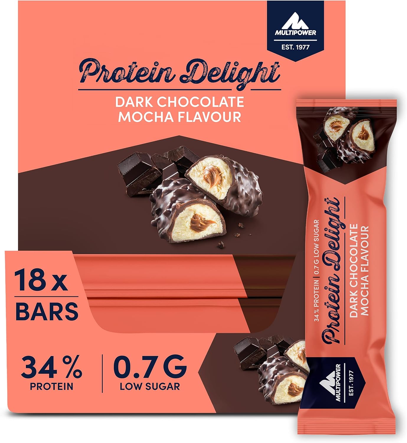 Multipower Protein Delight Bar - Dark Chocolate Mocha Flavor - High-Protein Snack Bar - 35g Bars (18 Pack)