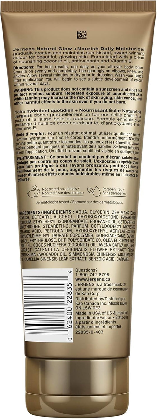 Jergens Natural Glow +Nourish Daily Moisturizer & Gradual Sunless Self Tanning Body Lotion for Dry Skin, Medium to Deep Shade (220 mL)