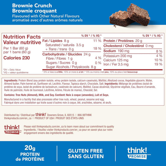 think! High Protein Bar, 20g Protein per bar, Zero sugar, Gluten Free - Brownie Crunch, 10 count/box, 60g per bar - Convenient On-the-go Delicious, Nutritious Snack (packaging may vary)
