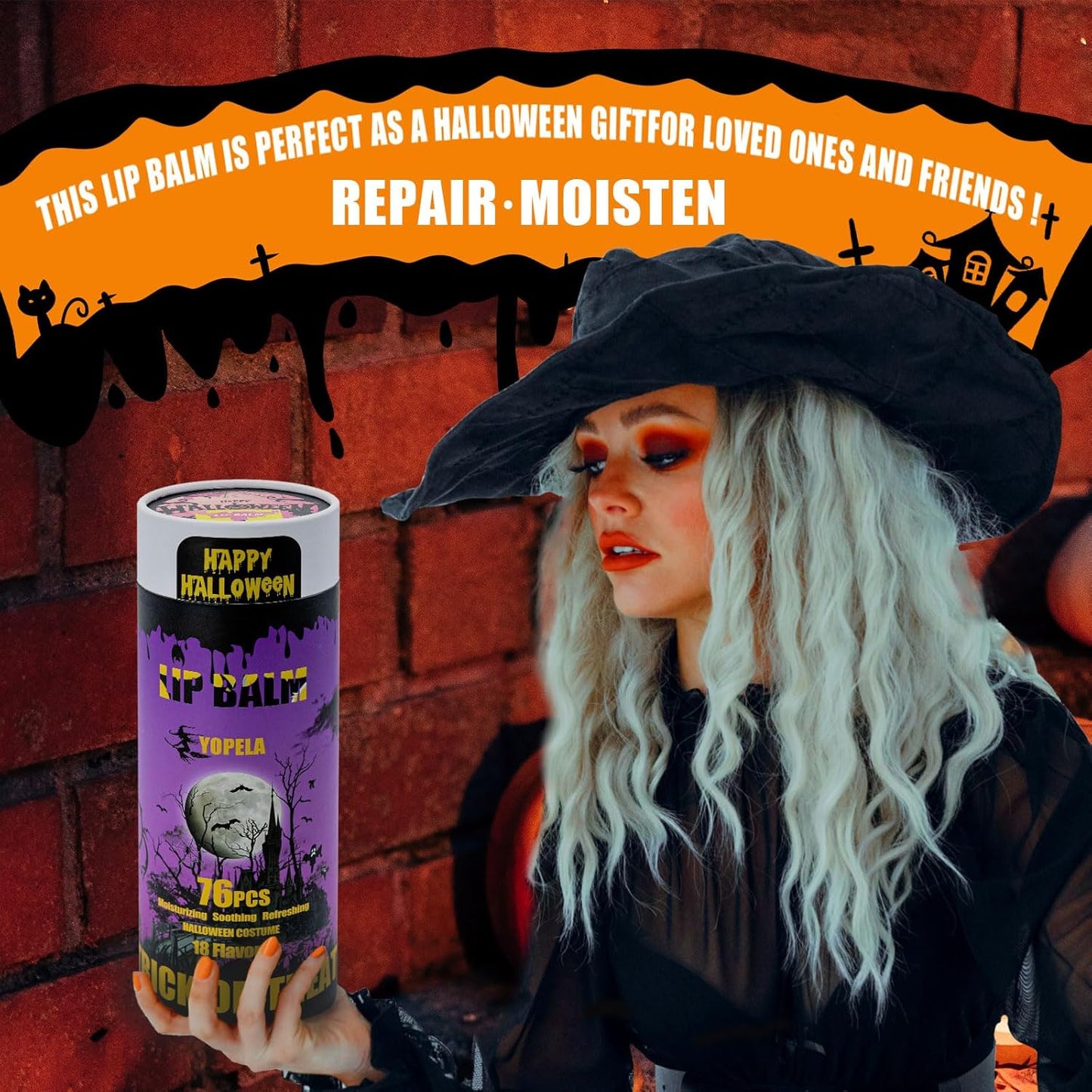Yopela 76 Pack Halloween Lip Balm in Bulk with Vitamin E and Coconut Oil Lip Care Product - Moisturizing, Soothing, and Repairing Dry and Chapped Lips with 19 Flavors and Party Gift Card