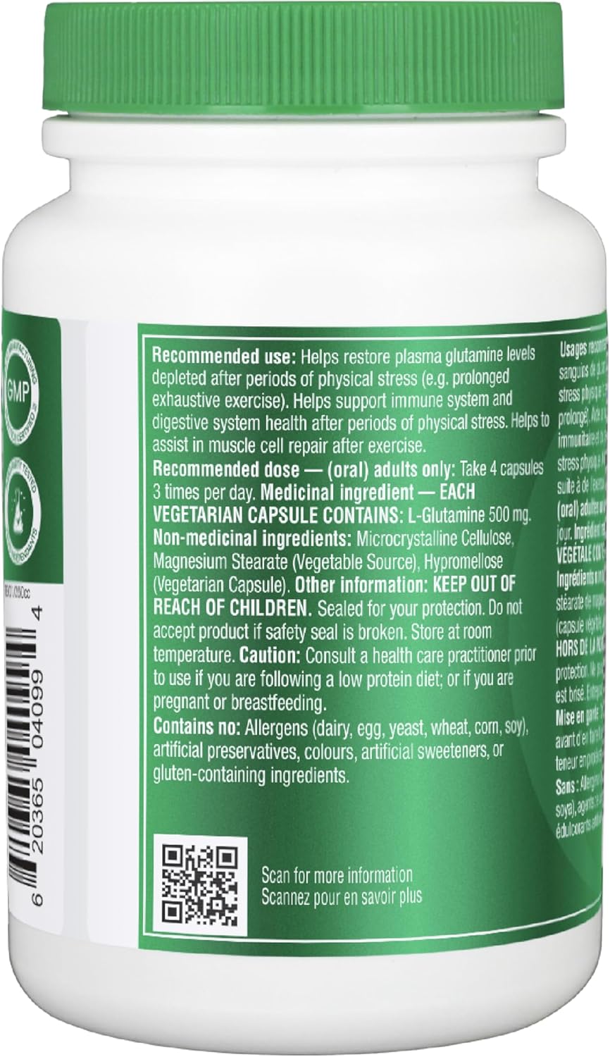 Organika 加拿大製造 L-麩醯胺酸 - 高吸收配方 - 增強免疫防禦、肌肉恢復和腸道健康 | 500 毫克 120 粒膠囊