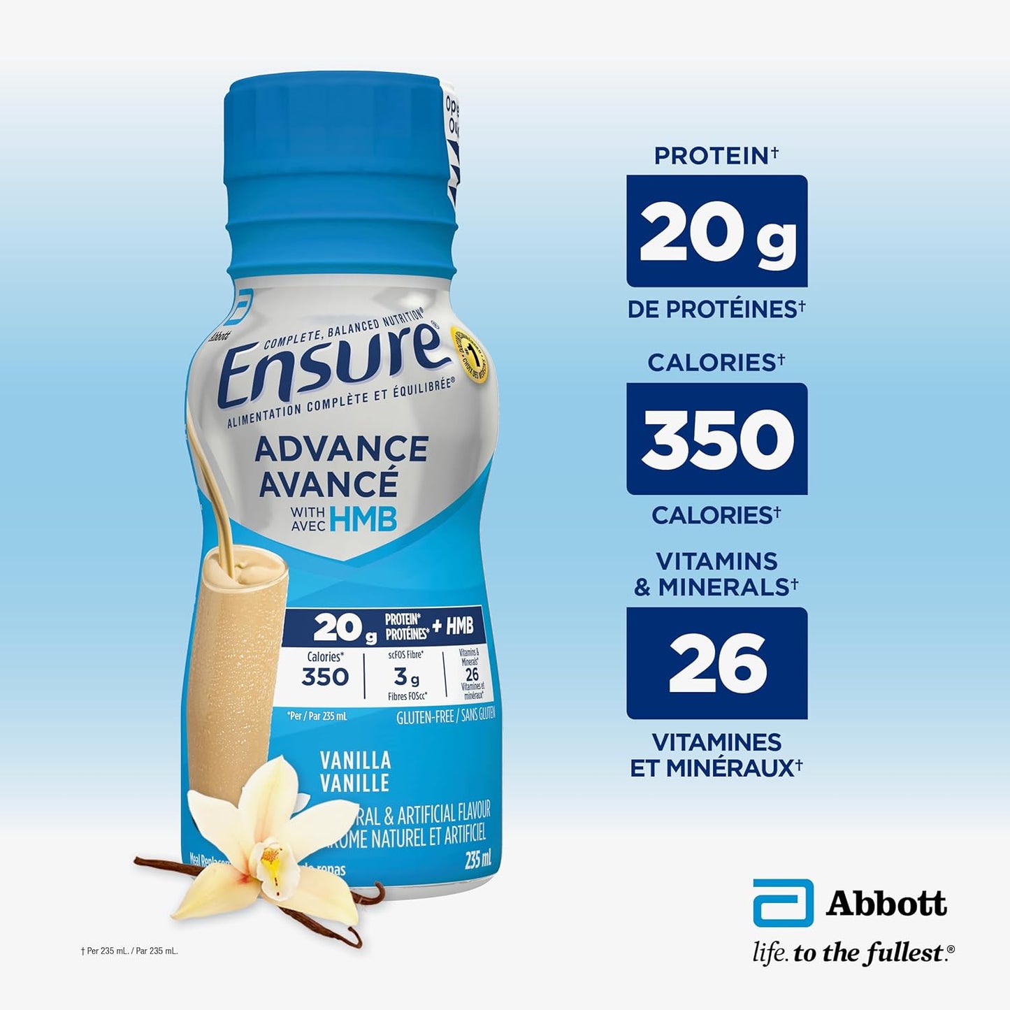 Ensure Advance,代餐奶昔,蛋白质奶昔,含 20 克蛋白质,有助于增强肌肉,香草味,4 x 235 毫升瓶装