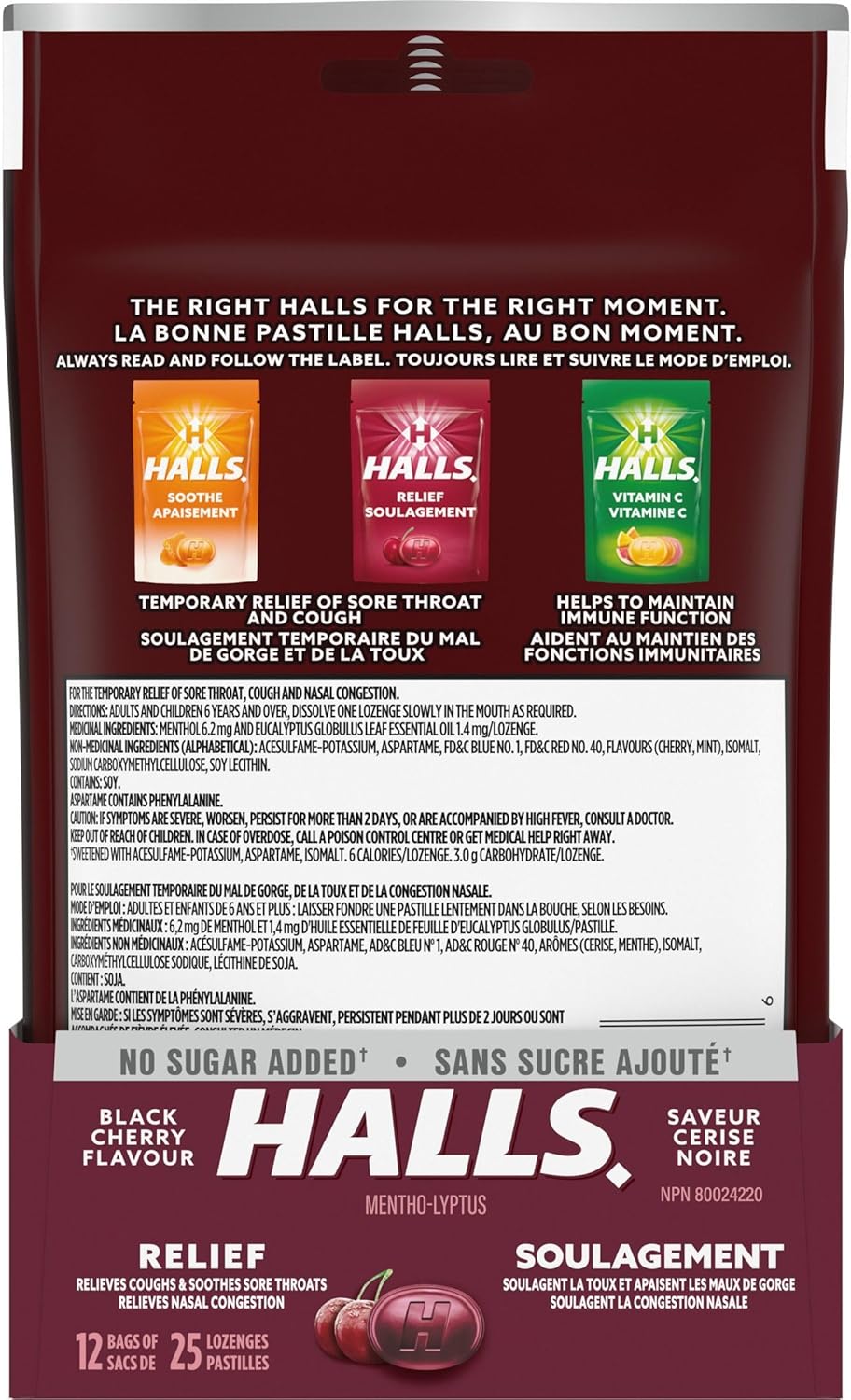 HALLS No Sugar Added, Black Cherry Flavour Cough Drops, Throat Lozenges, Sore Throat Relief, Mentho-Lyptus, 25 Lozenges, Pack of 12, Prepared in Canada