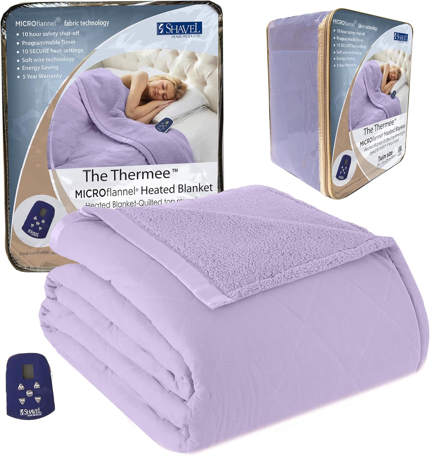 Thermee Micro Flannel Sherpa Electric Blanket, Twin, Lilac