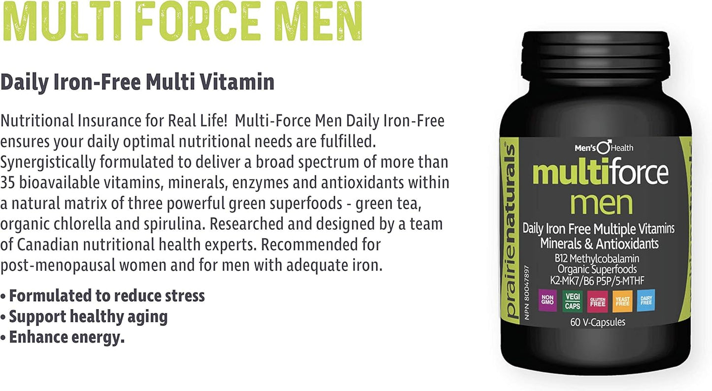 Prairie Naturals 多效男士活力配方。不含铁。富含多种维生素B群(甲钴胺B12、P5P B6、5MTHF)、MK7 维生素K2、矿物质复合物(含锌)、甜菜碱盐酸盐和菠萝蛋白酶(促进吸收)、有机小球藻……