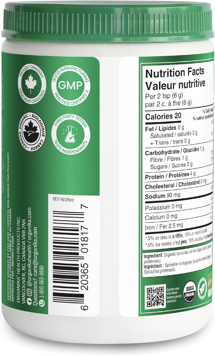 Organika Canadian-Made Certified Organic Spirulina Powder- Superfood, 3rd Party Tested, Pristine Sourcing, Vegan- 300g