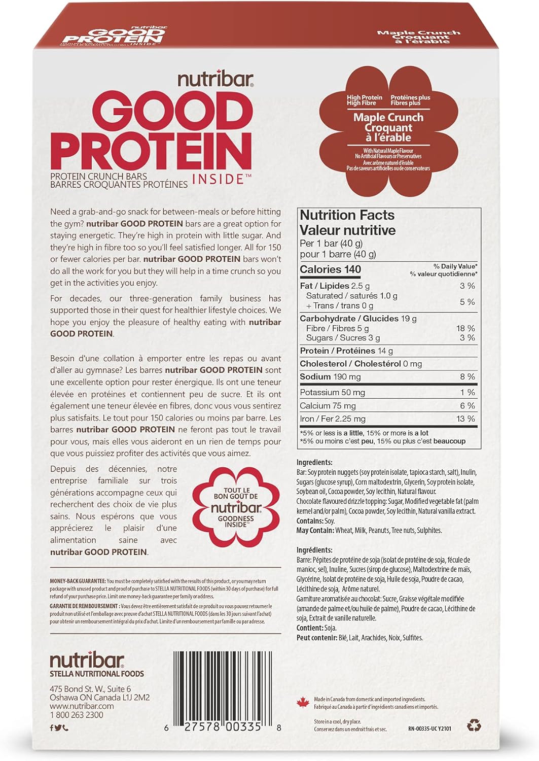 Nutribar Good Protein High Protein Bars Maple Crunch, Made in Canada, 14g Protein, 12 Bars