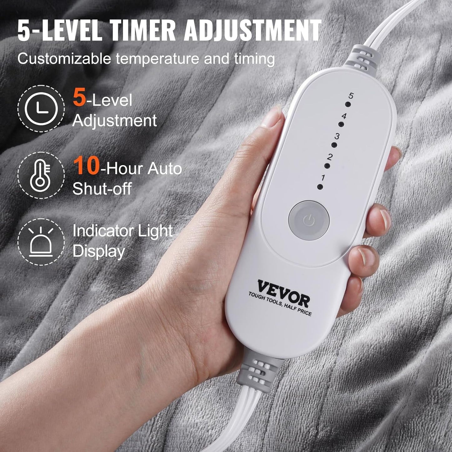 VEVOR 電熱毯,72 英寸 x 84 英寸全尺寸,柔軟法蘭絨加熱毯,帶 10 小時定時器自動關閉和 5 個加熱級別,適用於沙發,可機洗,ETL 和 FCC 認證(灰色)