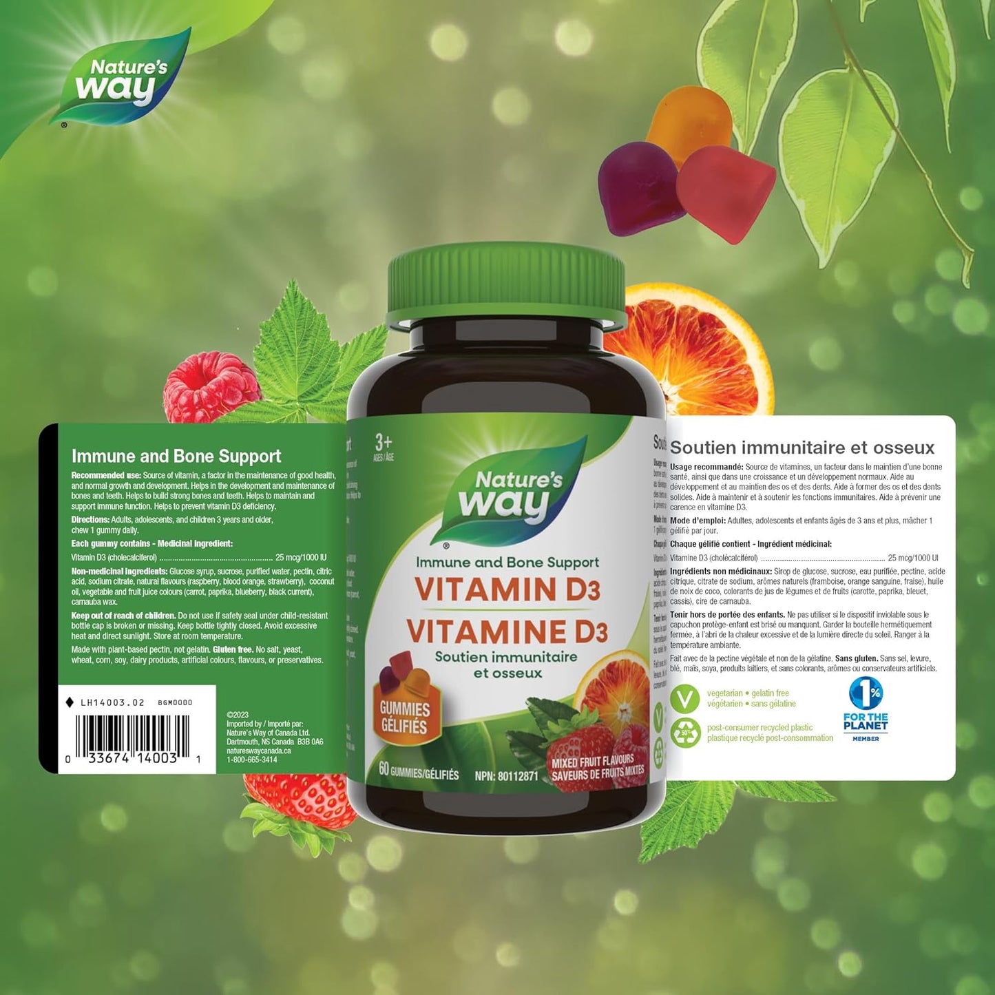 Nature's Way 維生素 D 軟糖 - 免疫和骨骼支持 - 每顆軟糖含 1000 IU 維生素 D3 - 草莓、桃子和芒果味軟糖 - 60 顆軟糖