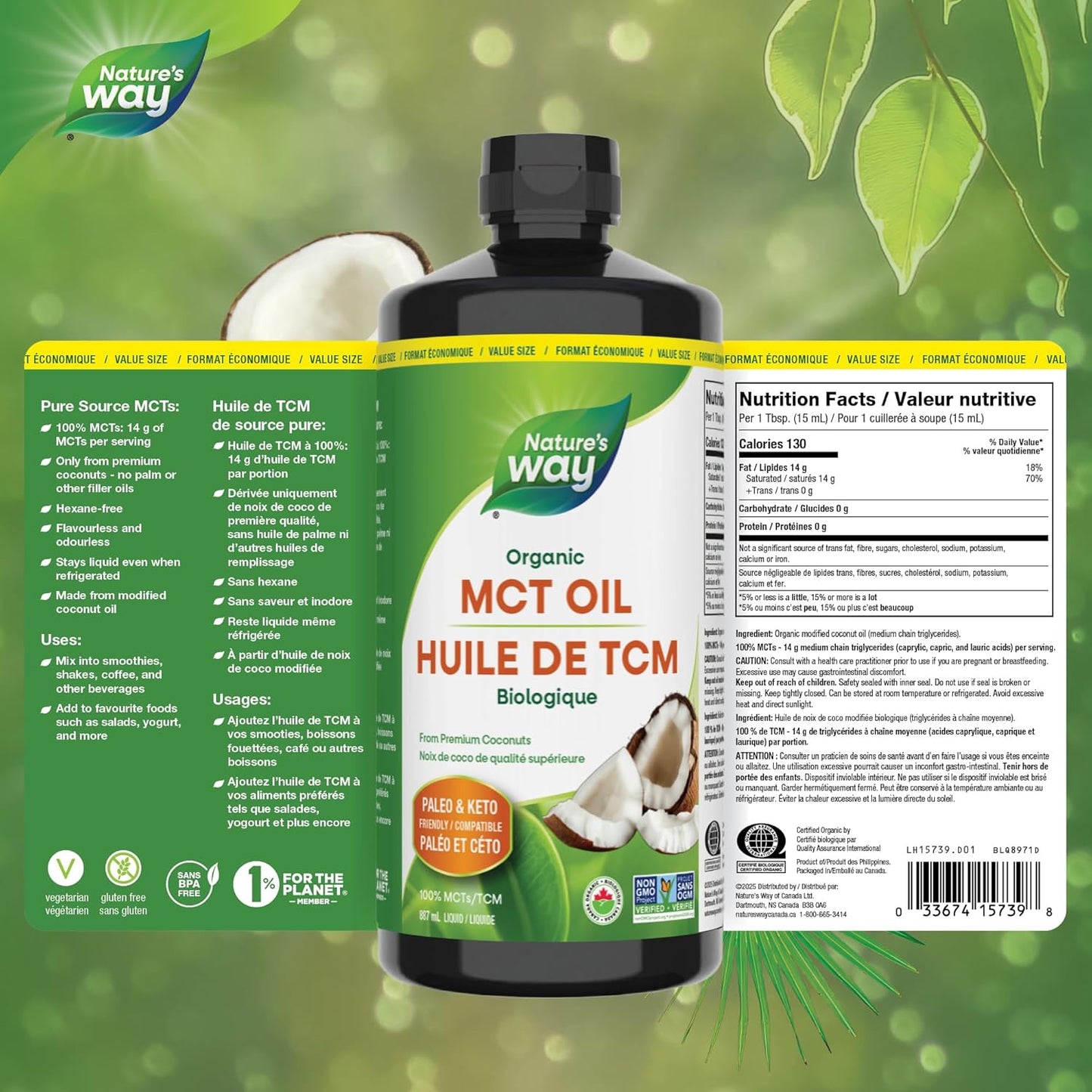 Nature's Way 100% 純正 MCT 椰子油 – 每份含 14 克 MCT – 原始人飲食和生酮飲食友好 – 有機認證 – 非基因改造項目認證 – 素食、無麩質、無味 – 無填充油 – 887 毫升,超值裝