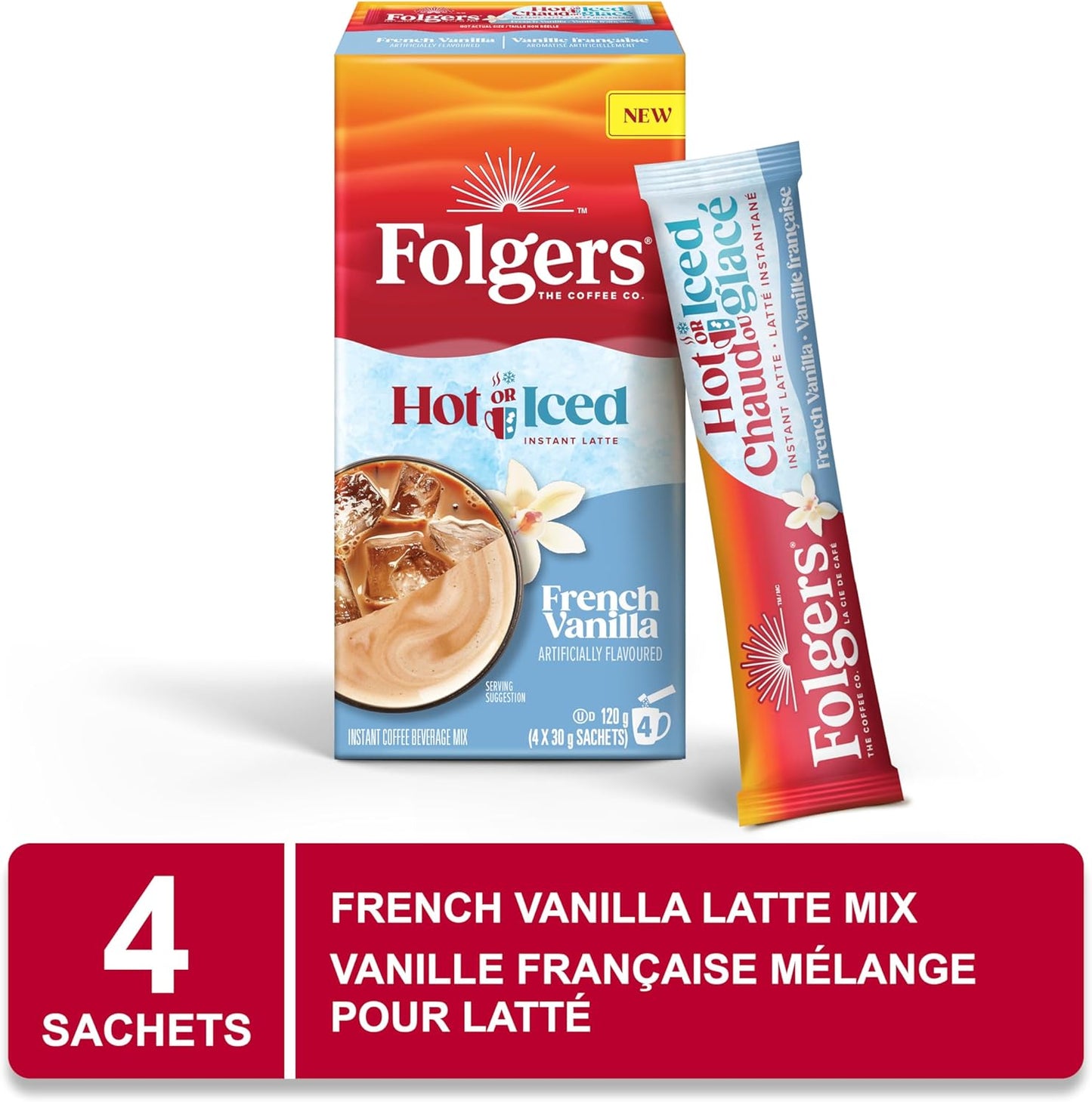 Folgers 速溶咖啡包,适用于热饮或冷饮混合饮料,速溶法式香草拿铁,4 个(1 包)