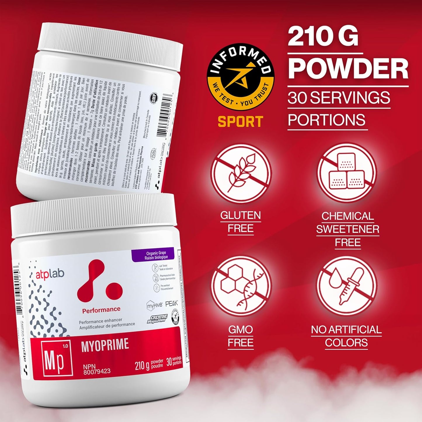 ATP LAB - Myoprime 210克(有机葡萄味)30份 - 肌酸一水合物粉 - 肌酸蛋白粉 - 性能增强剂 - 减少蛋白质分解