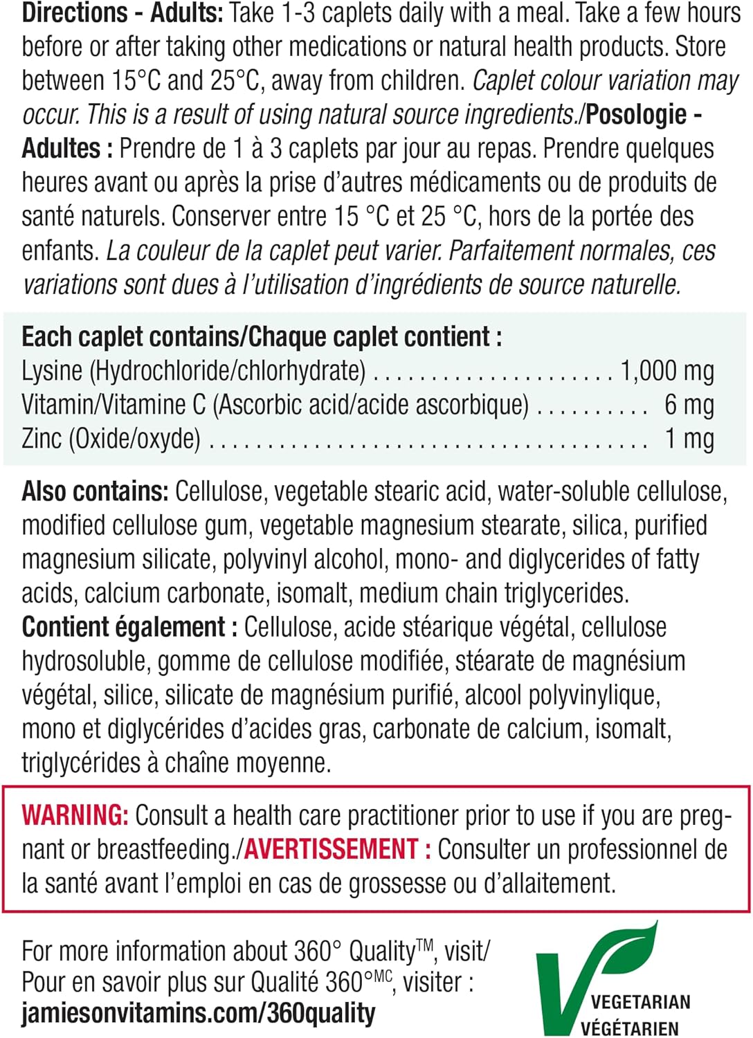 Jamieson Lysine 1,000 mg, with Zinc and Vitamin C, Cold Sore Support, and Helps Immune Health. Essential Amino Acid, Non-GMO, Gluten-Free, 60 Vegetarian Caplets, Proudly Canadian