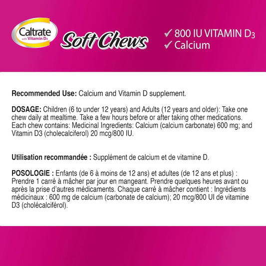 Caltrate with Vitamin D Soft Chews (60 Count, Chocolate Flavour), Calcium, Bone Health Supplement