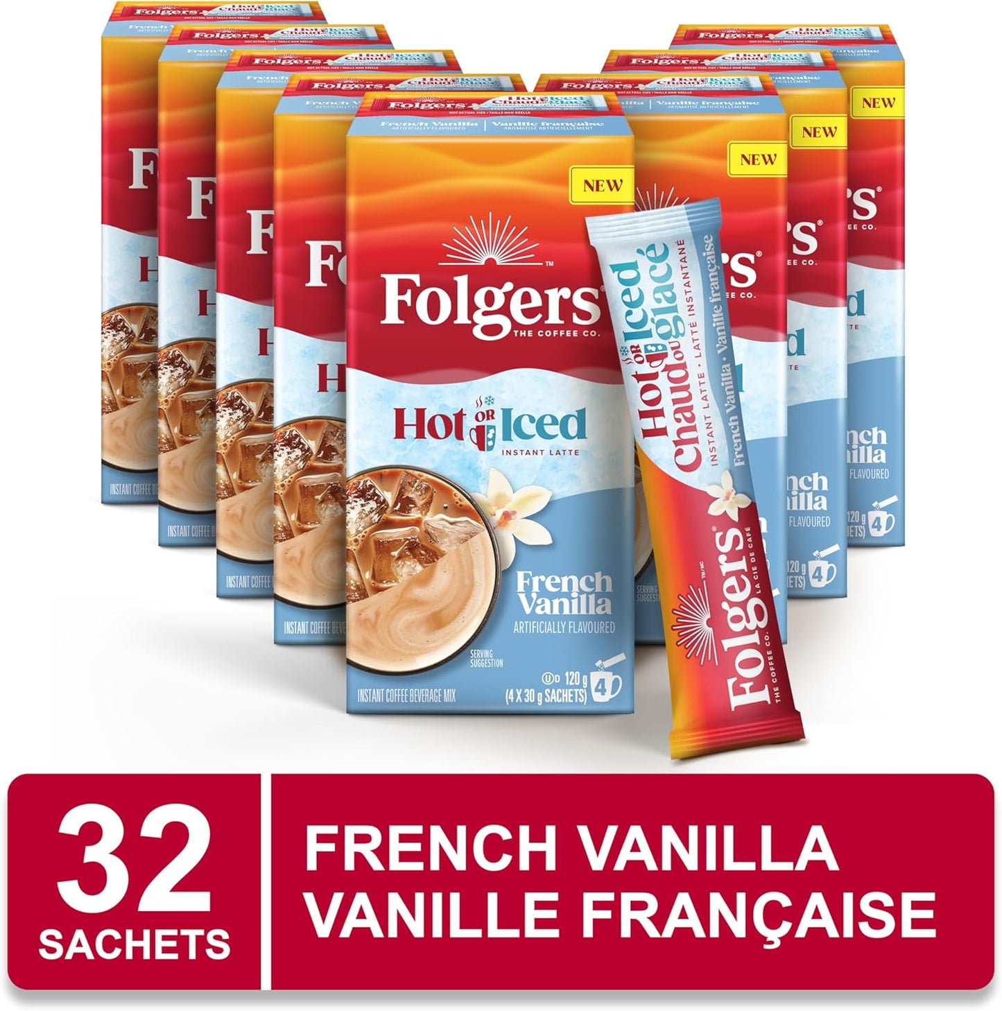 Folgers 速溶咖啡包,适用于热饮或冷饮混合小袋,速溶法式香草拿铁,4 个(8 包)