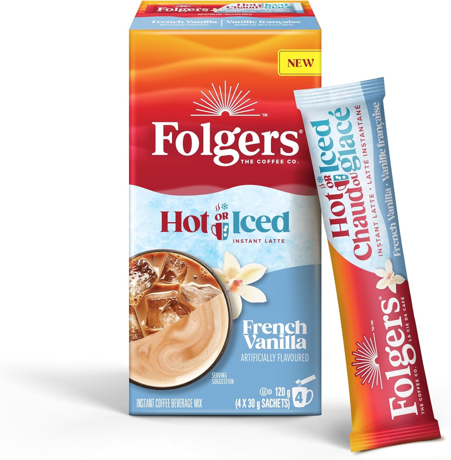Folgers 速溶咖啡包,适用于热饮或冷饮混合饮料,速溶法式香草拿铁,4 个(1 包)