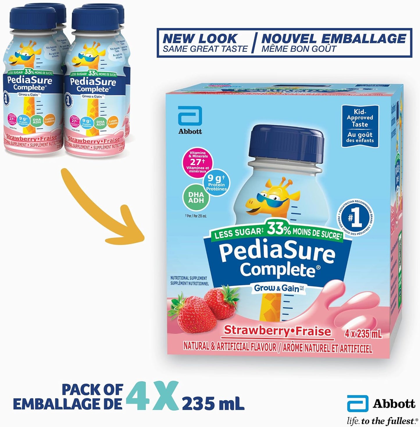 PediaSure Complete Reduced Sugar,减少 33% 的糖,营养补充剂,4 x 235 毫升,草莓味,940 毫升