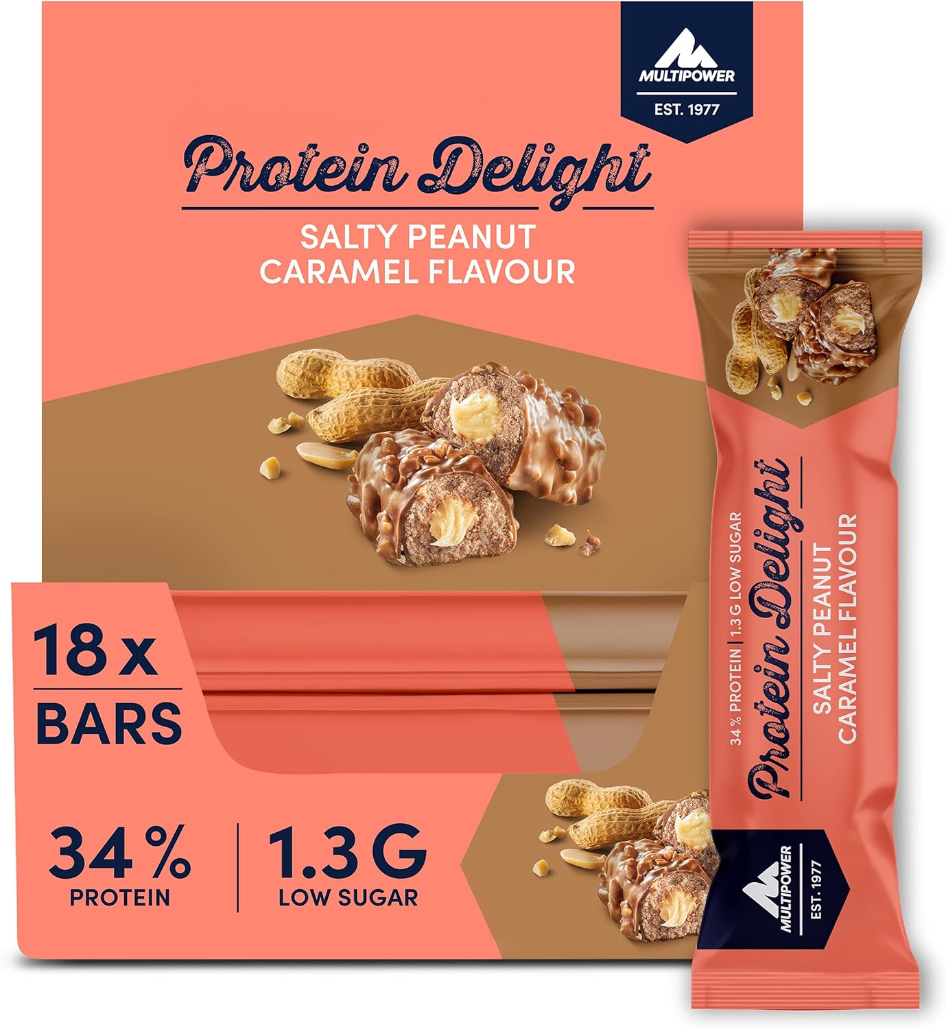 Multipower Protein Delight Bar - Salty Peanut Caramel Flavor - High-Protein Snack Bar - 35g Bars (18 Pack)
