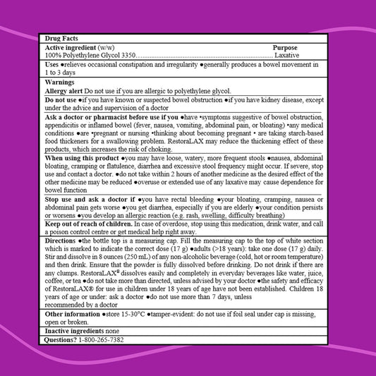 RestoraLAX Powder Stool Softener Laxative - Laxatives For Constipation, Effective Constipation Relief For Adults, No Taste, No Grit, No Gas, No Bloat, No Cramps, No Sudden Urge, 45 Doses, 765 grams