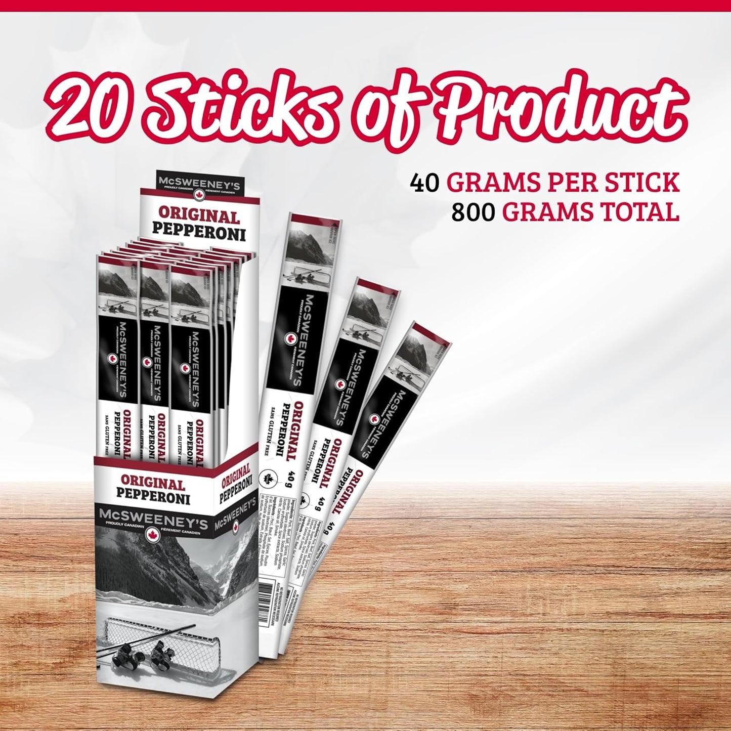 McSweeney's Original Dry Cured Pepperoni Sticks, 100% Made in Canada, Dry Cured Pepperoni, Naturally Smoked, High Protein Snacks, Gluten Free Meat Snacks, No Refrigeration Required, Bulk Case. 40g (Pack of 20)