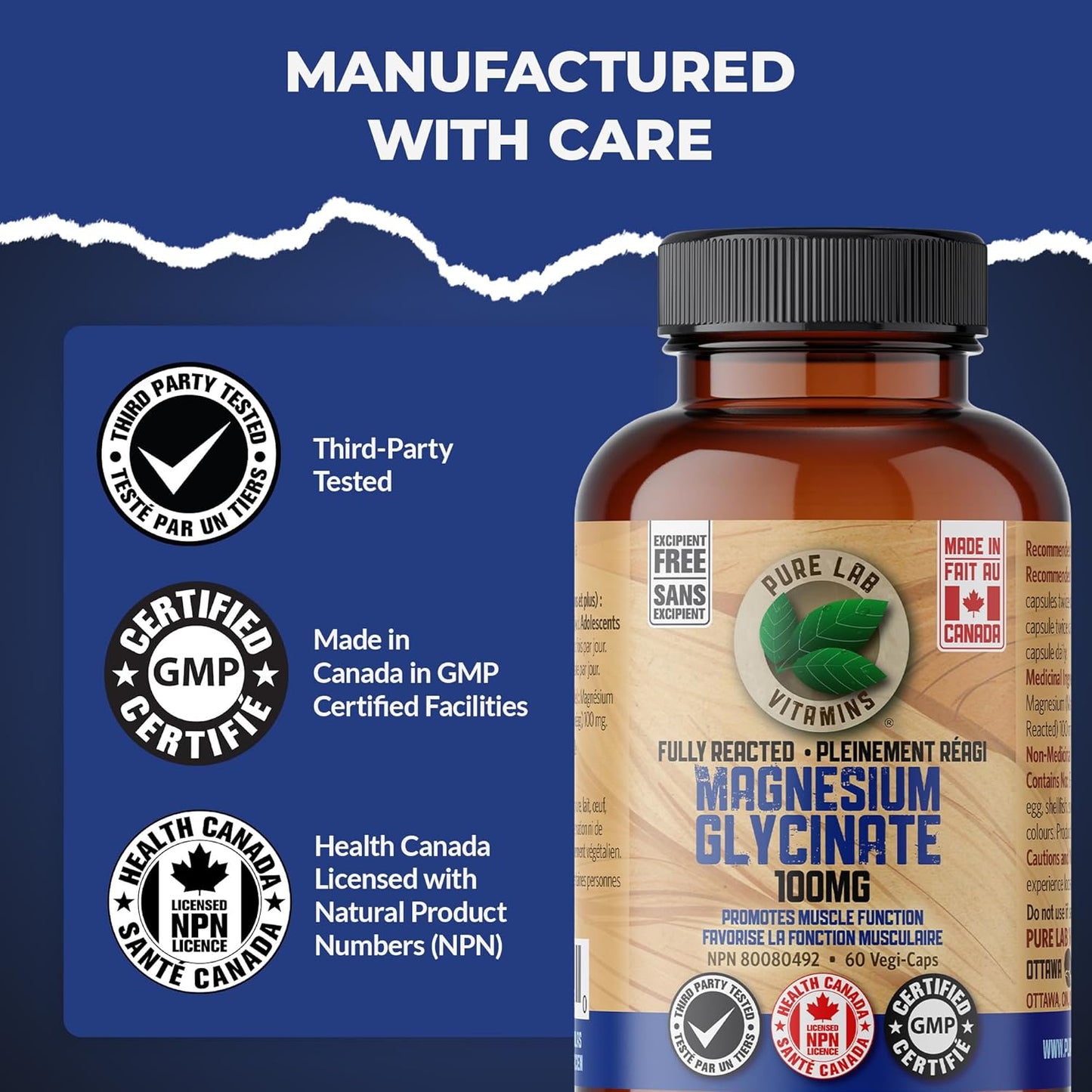 Pure Lab Vitamins 甘胺酸鎂完全反應型 100 毫克 - 60 粒膠囊 - 支持肌肉功能