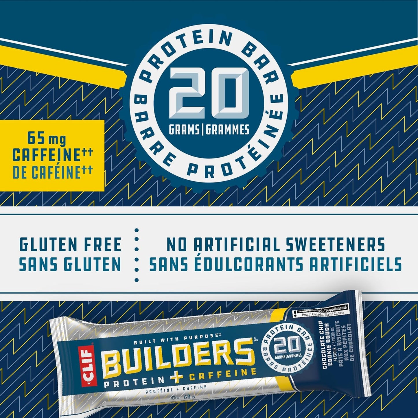 CLIF BUILDERS 蛋白棒,巧克力曲奇饼干口味,20 克蛋白质,加拿大制造,无麸质,无人工香料,68 克(6 包),加拿大制造