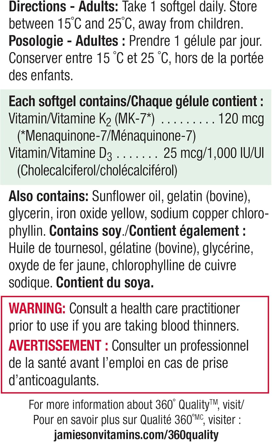 Jamieson 维生素 K 120 微克和维生素 D3 1,000 国际单位软胶囊,支持免疫健康,强健骨骼和牙齿。非转基因,无麸质,30 粒装,加拿大制造
