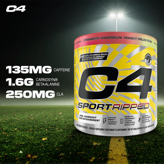 Cellucor C4 Sport Ripped 產熱運動前粉 - Informed-Choice 認證運動前能量和脂肪代謝 - 草莓西瓜味,30 份