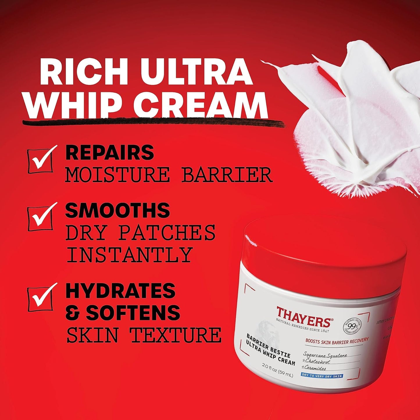 THAYERS Barrier Bestie Ultra Whip 面部保湿霜,含神经酰胺和甘蔗角鲨烷,适合干性至极干性肌肤,促进肌肤修复,59 毫升