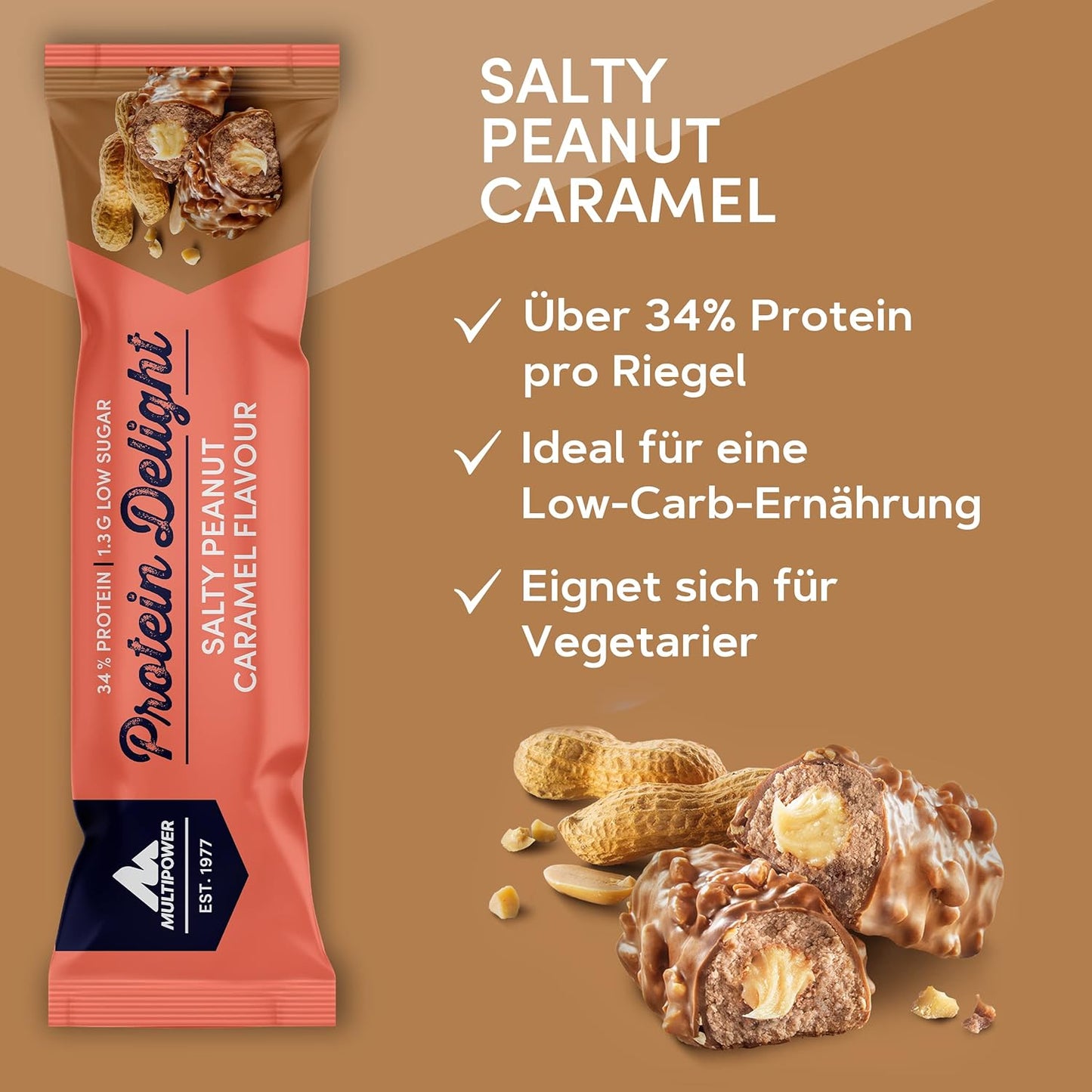 Multipower Protein Delight Bar - Salty Peanut Caramel Flavor - High-Protein Snack Bar - 35g Bars (18 Pack)