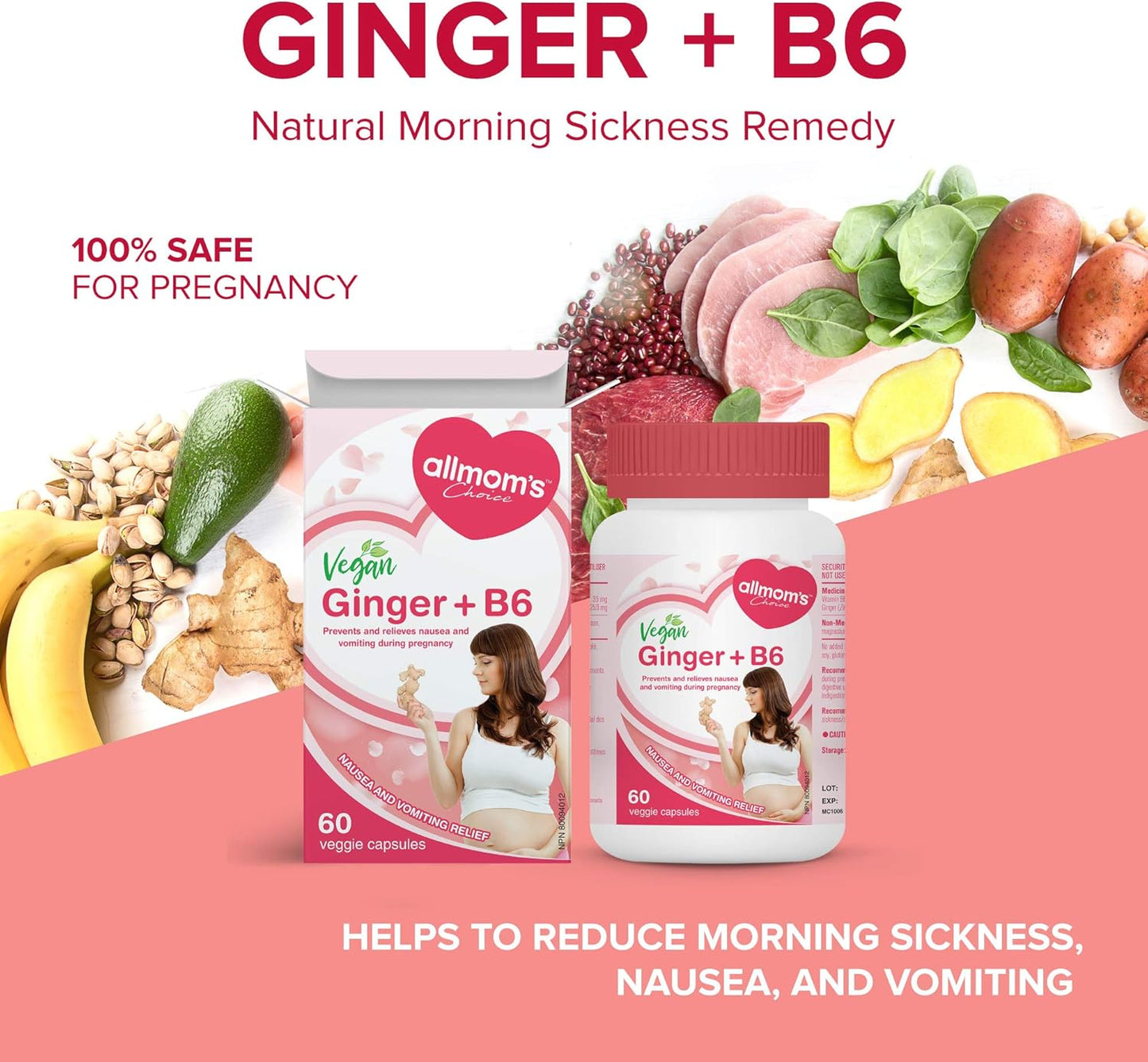 純素薑 + B6(60 粒膠囊),天然療法,可預防和緩解噁心和孕吐,減少胃灼熱,增進食慾,Allmom’s Choice 懷孕止吐產品