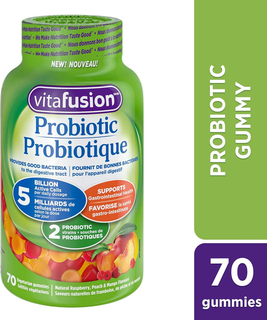 Vitafusion 益生菌成人軟糖,2 種益生菌菌株,每劑 50 億活性細胞,支持胃腸道健康,70 粒,1 個月用量,素食軟糖
