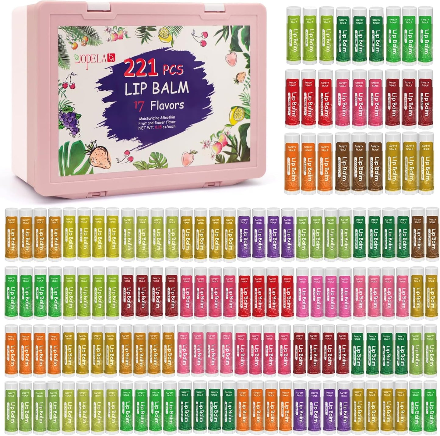 Yopela 221 支裝潤唇膏,含維生素 E 和椰子油,唇部護理產品,保濕舒緩乾裂嘴唇 - 17 種口味