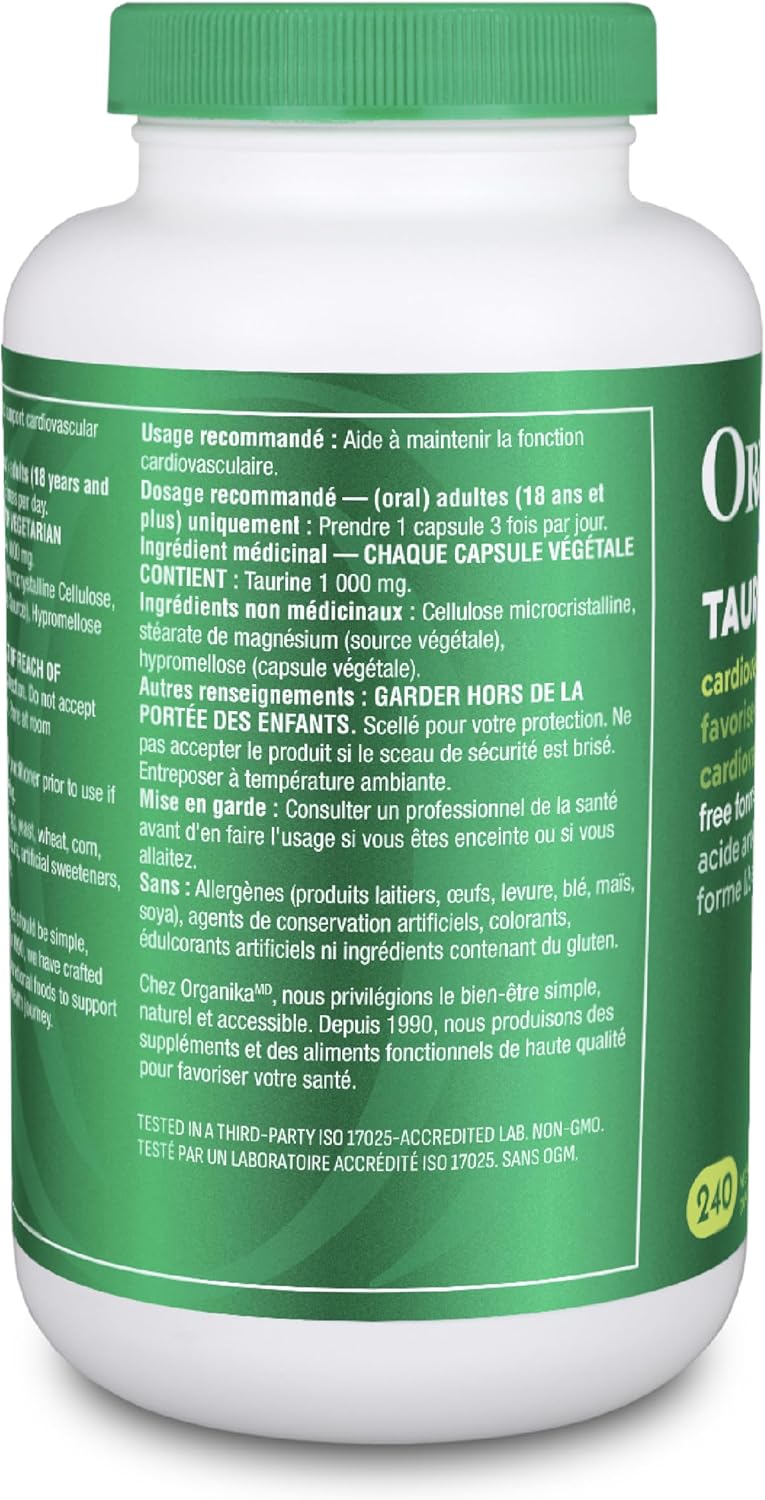 Organika 加拿大製造超強效牛磺酸 - 1000 毫克 - 支持心血管健康,每日劑量 3000 毫克 - 240 粒膠囊