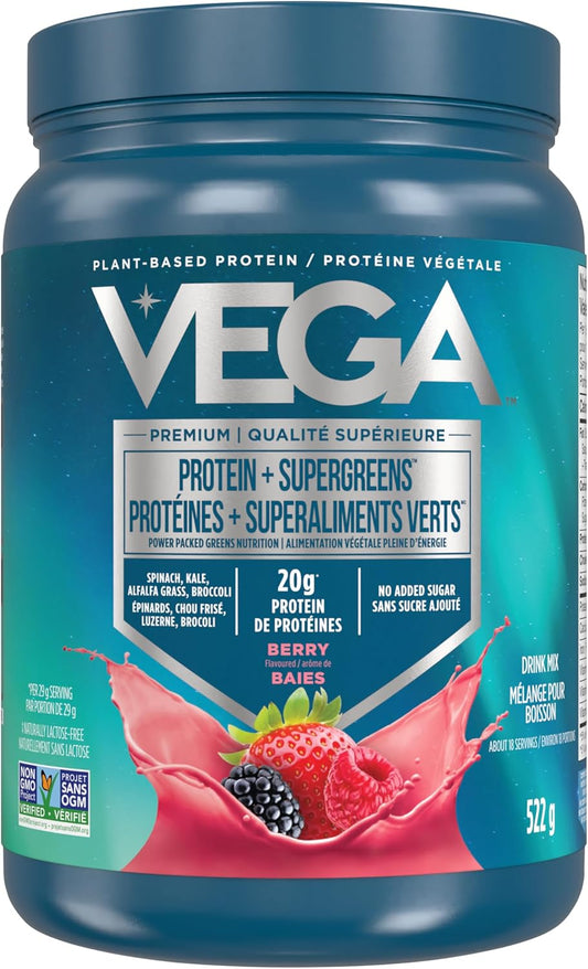 Vega 蛋白和绿色浆果(18 份)植物蛋白粉加蔬菜,纯素,非转基因,豌豆蛋白,男女适用,522 克(包装可能有所不同)