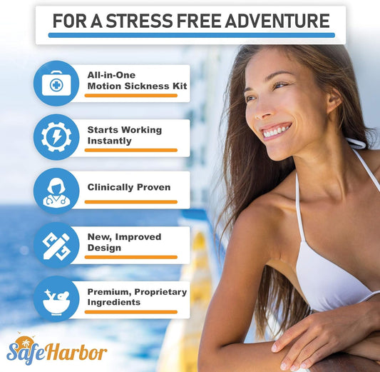 SafeHarbor Motion Sickness Relief and Anti Nausea Kit for Your Cruise Essentials | 2 Motion Sickness Bands 10 Natural + Herbal Relief Patches| Works for Children and Adults | Helpful E-Book Included